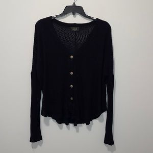 Women’s Long Sleeve Waffle Knit Black Tie Sweater